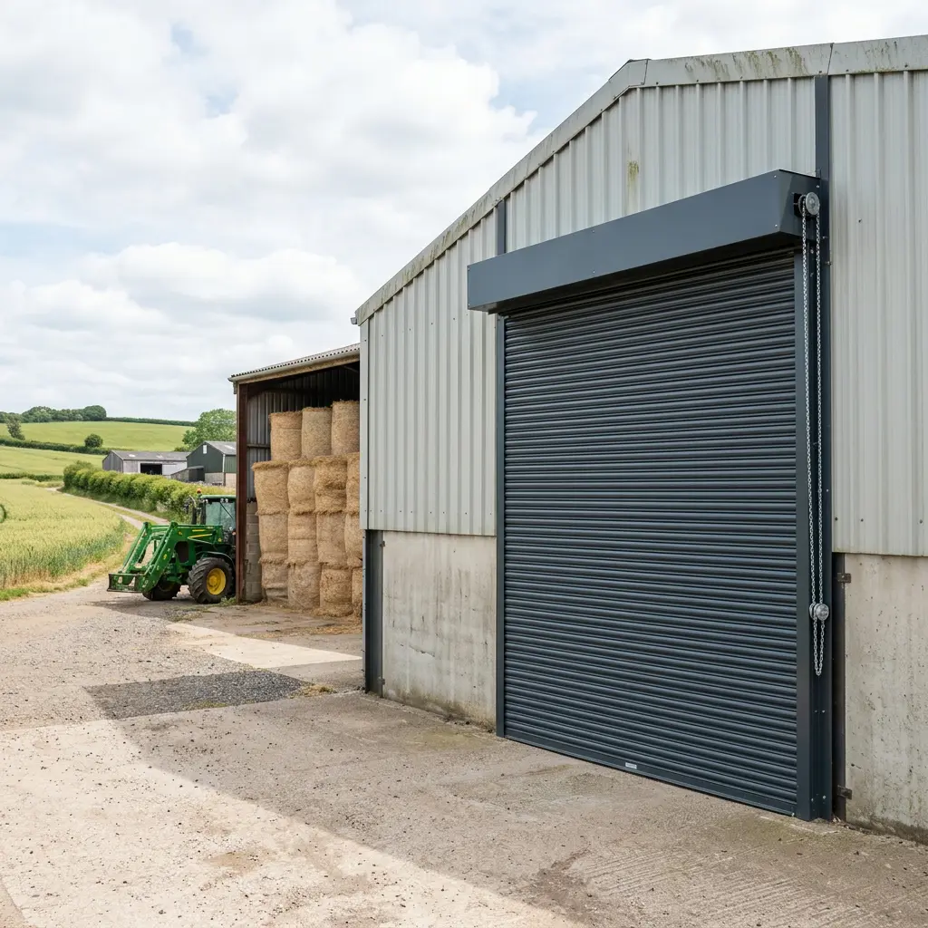 Agricultural roller shutter protecting farm equipment